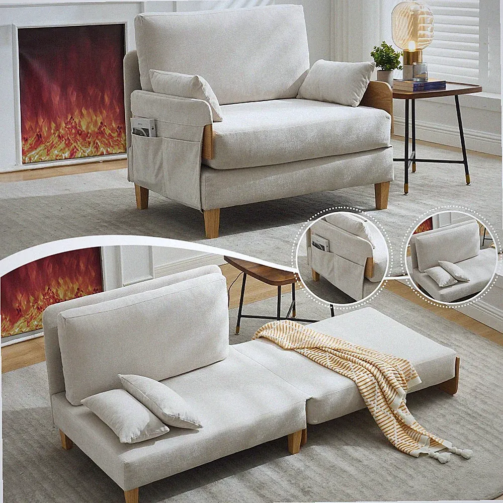 Foldable sofa bed with three pillows and detachable side pockets