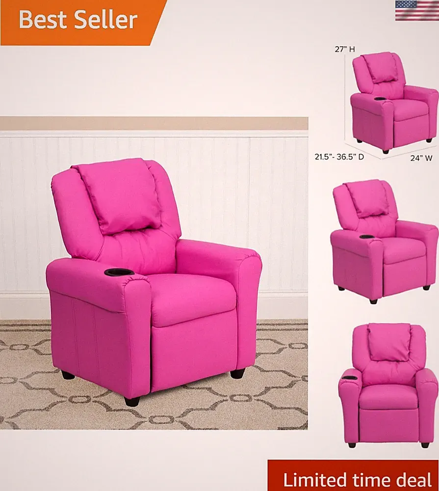 Hot Pink Vinyl Kids Recliner with Cup Holder and Headrest