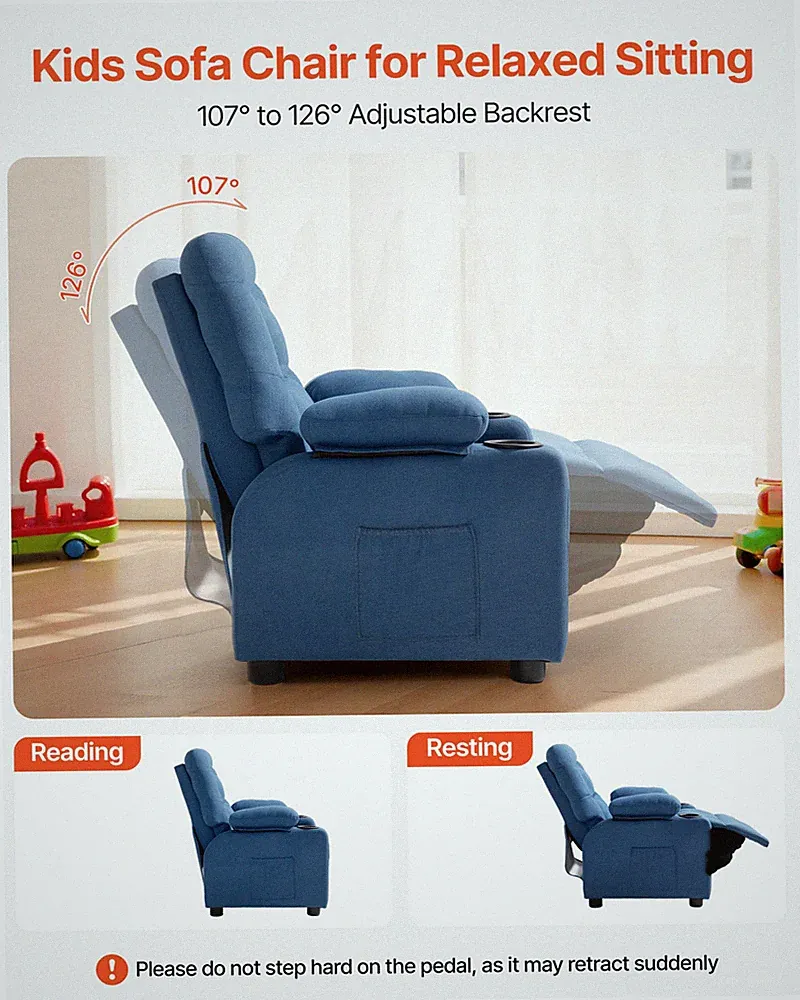 Kids Recliner Chair Toddler Lounger w/ Cup Holders Adjustable Back Blue