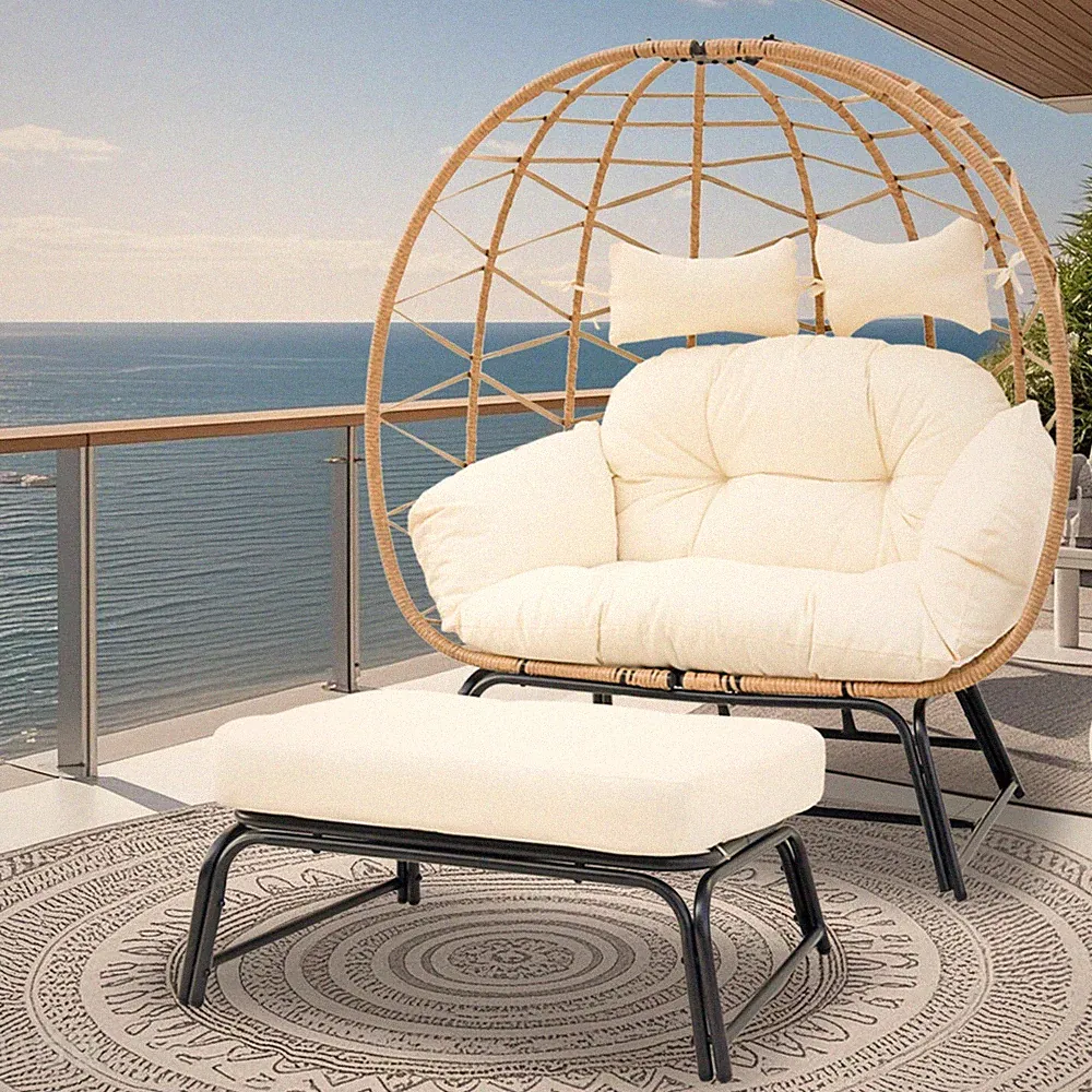 VIXLON Wicker Egg Chair w/ Ottoman Outdoor Indoor Oversized Lounger Stand Chair