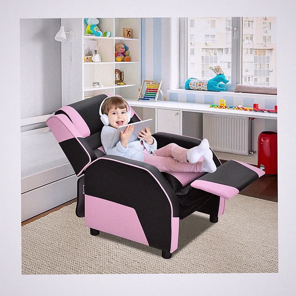 Youth Kids Gaming Sofa Recliner w/ Headrest & Footrest Pink and Black Color